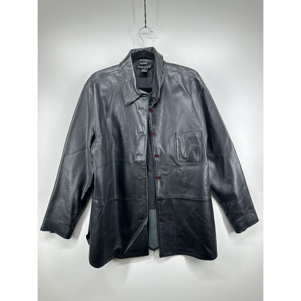 Revue Leather Button‎ Down Shirt Womens 12 Collared Long Sleeve Dark Black Retro